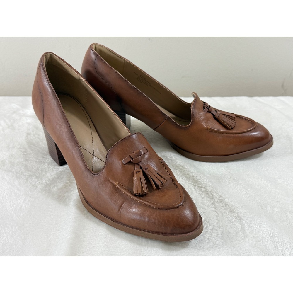 Isola Brown Leather Tassel Loafer Block Heel Pumps Women's 8.5 Classic Preppy